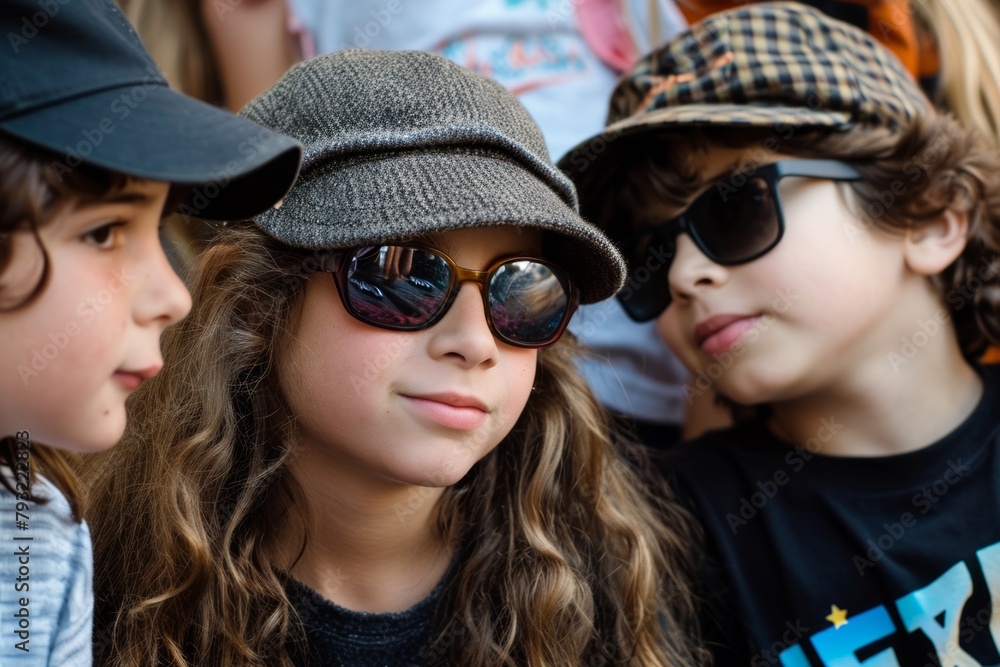 Portrait of a little boy and girl in a cap and sunglasses