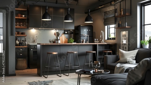Cozy and stylish modern kitchen with striking dark cabinets and minimalistic decor in an urban apartment