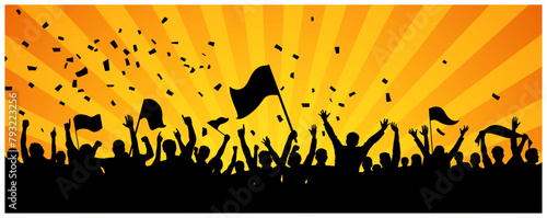 SILHOUETTES DE SUPPORTERS AVEC CONFETTIS ET RAYONS JAUNES