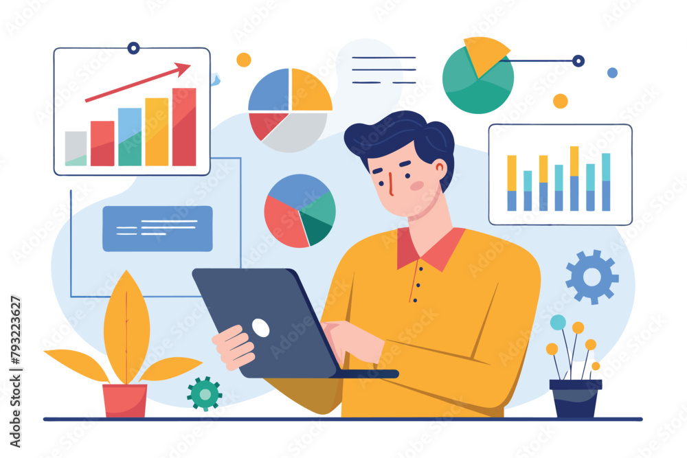 A man is focused on his laptop, surrounded by diagrams and infographics, man with tablet analyzing infographics, diagram bar chart report, Simple and minimalist flat Vector Illustration