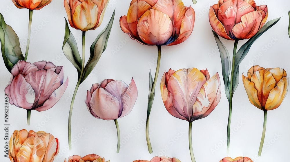   Watercolor tulips in shades of pink on a white background Green stems add depth Pink blooms predominate - obrazy, fototapety, plakaty 