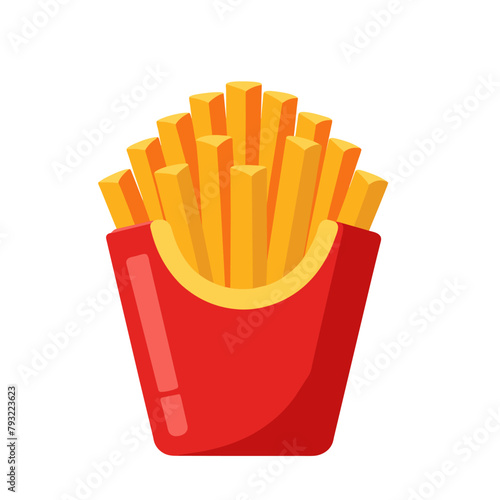 French Fries potato fast food in Red Carton Package Box Isolated on White background flat design