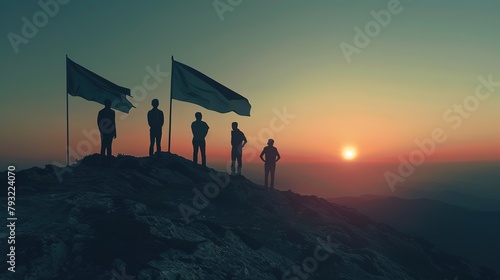 Goal setting towards planning for the future. Silhouettes of group businessmen holding target boards with flags planted on a mountain. Concept of a clear planning process and teamwork.