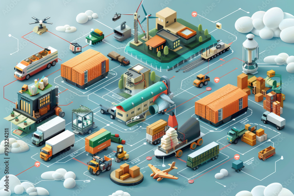 A colorful illustration of a city with many different types of vehicles A colorful illustration of a city with many different types of vehicles