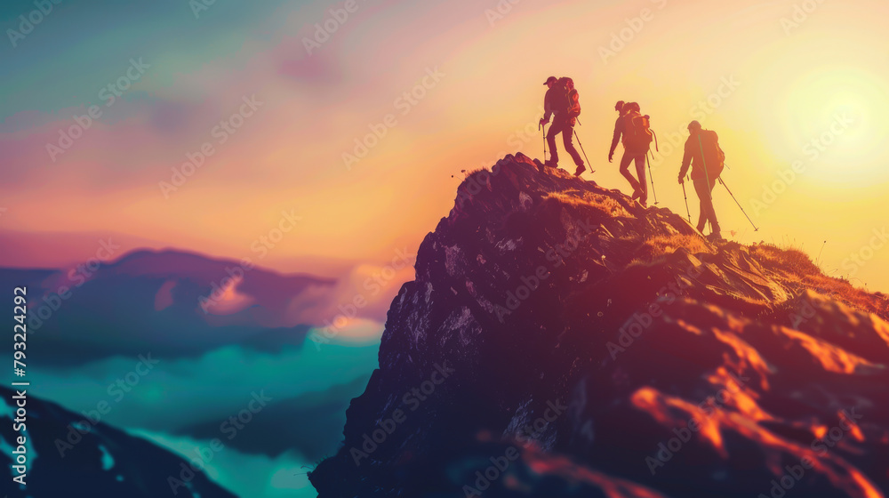 Three people are hiking up a mountain, with the sun setting in the background