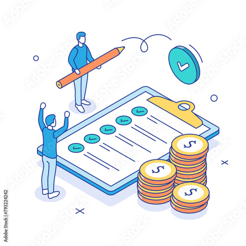 Tax return concept. Characters preparing documents for tax calculation, making income tax return and calculating business invoices. Taxation concept. Outline Isometric vector illustration. 