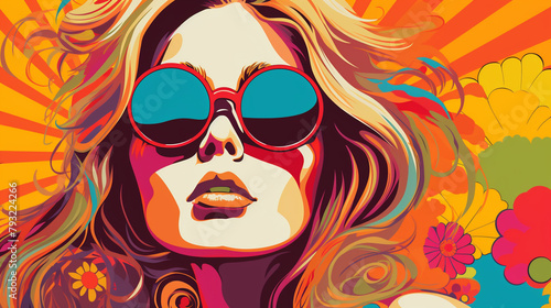 Hippie girl in pop art comic style  retro hippie woman with blonde hair and flower vector illustration   Created using generative AI tools