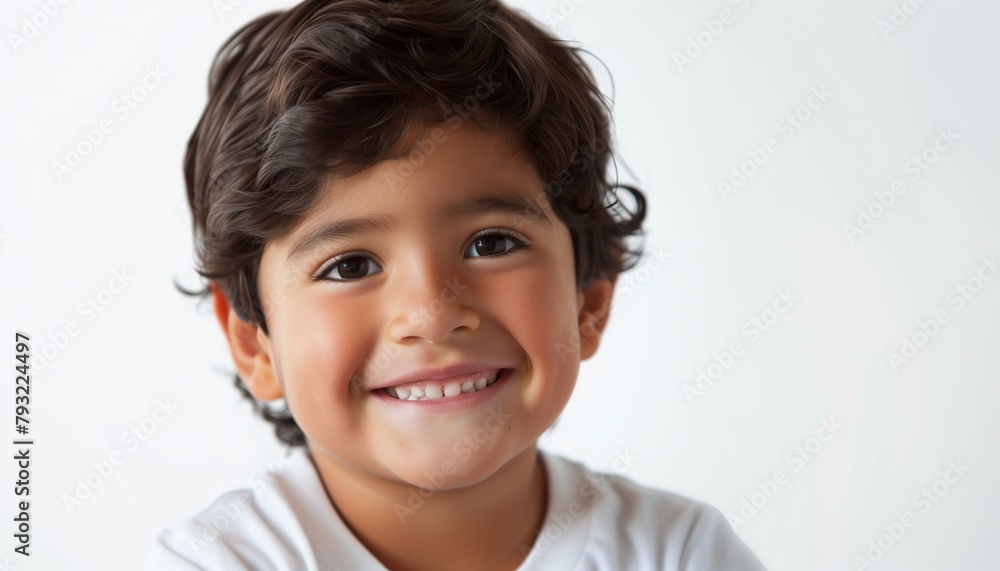 Generate an artistic rendition that encapsulates the spirit of a smiling Hispanic young child posing in a studio. Generate an artistic rendition that encapsulates the spirit of a smiling Hispanic young child posing in a studio.