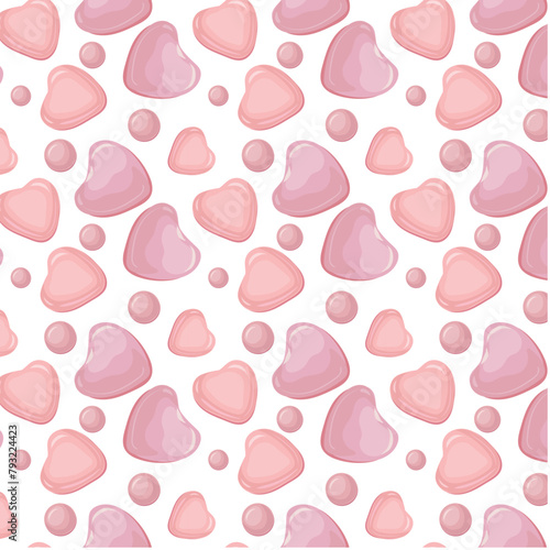 Glossy pink hearts on a white background. Romantic pattern. Sweets in the shape of a caramel heart. Vector background for decoration, banners, birthday, cards.