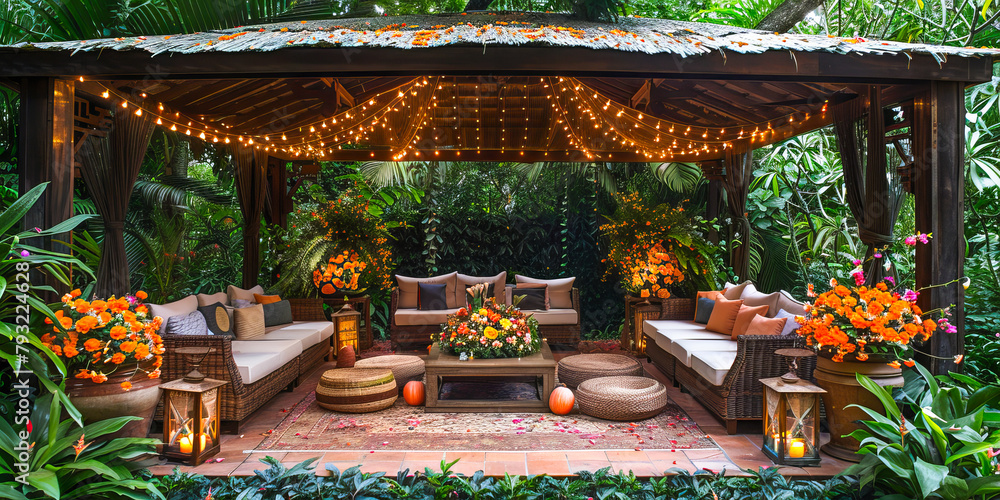 Enchanting tropical garden party setup