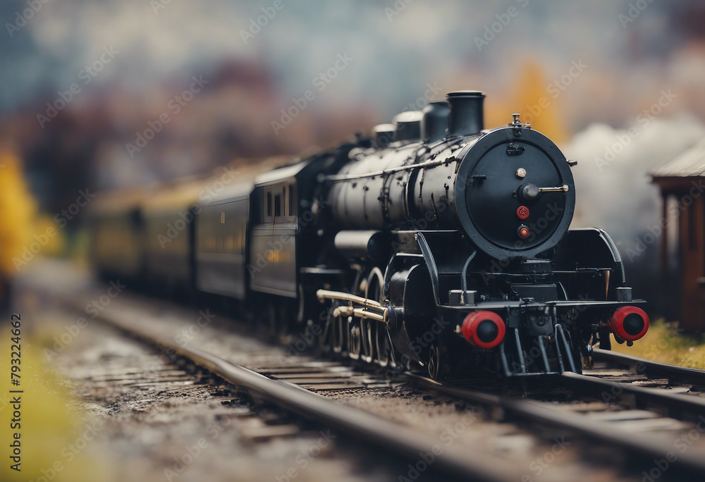 Naklejka premium A steam locomotive rides on rails close up