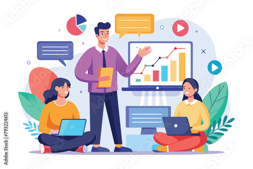A man giving a presentation to a group of people in a meeting room, Marketing training concept, Simple and minimalist flat Vector Illustration