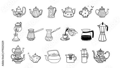 Large set of teapots and coffee teapots in doodle style. Tea and coffee house, tea and coffee shop. Hand drawn. Great for banner, posters, cards and professional design.