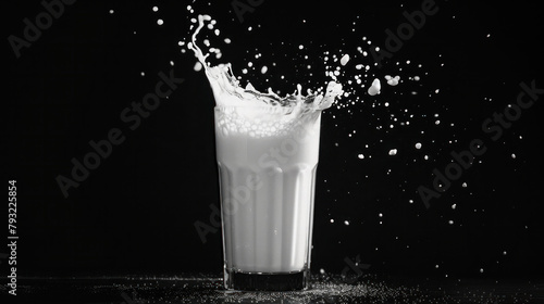 A glass of fresh milk with a splash of white liquid on a black background.