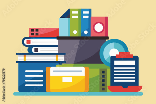 A stack of books with a magnifying glass placed on top for closer examination, Media and document storage, Simple and minimalist flat Vector Illustration