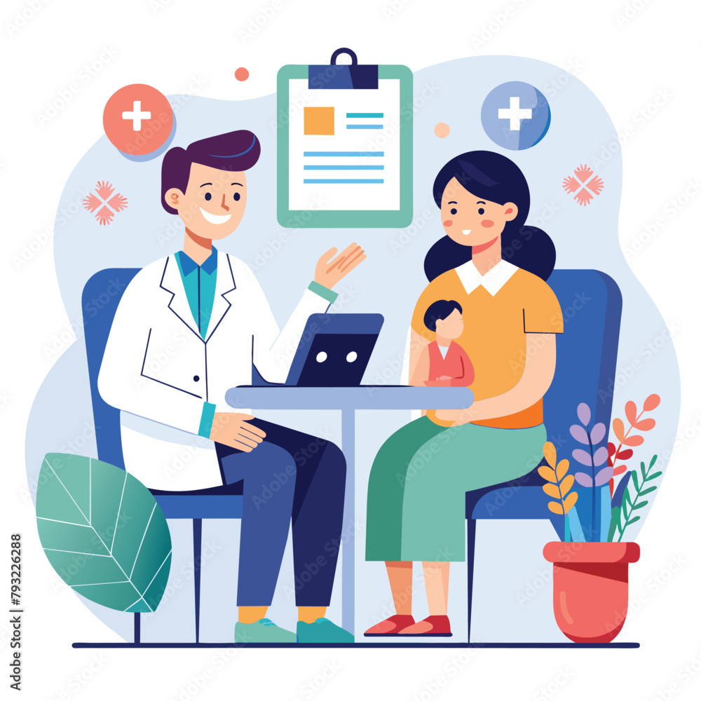 A man and woman are seated at a table, focused on a laptop screen, Medical doctor consultation, Simple and minimalist flat Vector Illustration