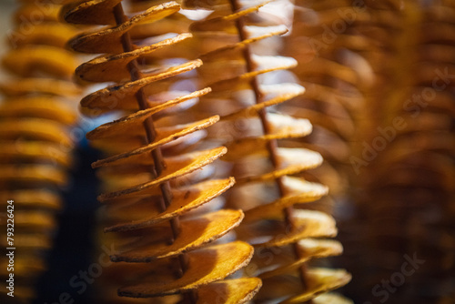 Close up, macro. Potato spirals on skewers. Barcelona market.