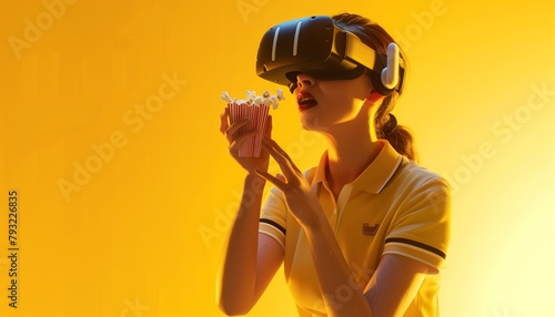 In this ultra-realistic portrayal, a figure is engrossed in a virtual film, evidenced by the VR headset and the handful of popcorn in motion towards her mouth. © MuhammadFahad