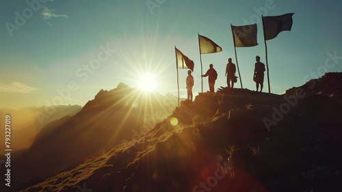 Goal setting towards planning for the future. Silhouettes of group businessmen holding target boards with flags planted on a mountain. Concept of a clear planning process and teamwork. photo