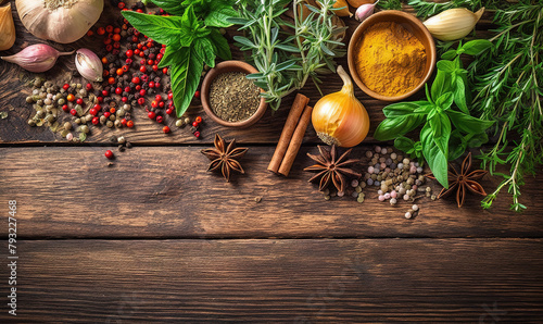 Herbs and spices on a wooden background  photo