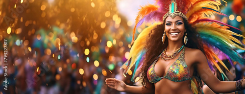 Vibrant Carnival Dancer Celebrating. The joyful spirit is alive with a woman adorned in brilliant plumage, embodying the festivity's vibrancy. photo