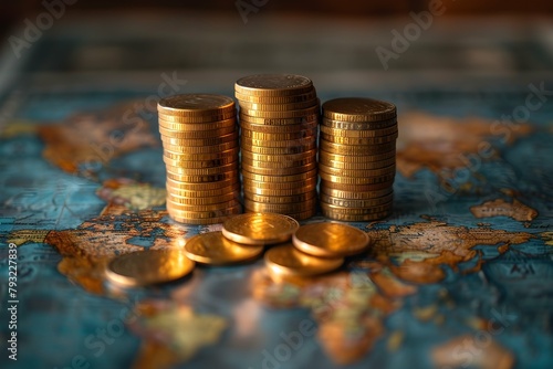 Stack of coins on a table for financial growth concept, copy space for financial background