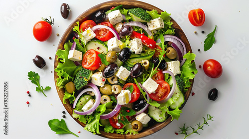 Greek Salad with fresh vegetables, top view