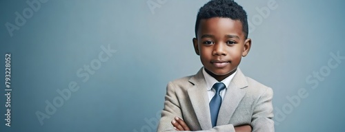 A confident young African American boy in a suit stands with arms crossed, embodying future leadership and potential. The poised child, donned in formal attire, exudes executive presence and ambition photo