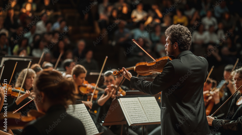 Fototapeta premium Symphony Orchestra Performance with Conductor in Focus, Live Classical Music Concert