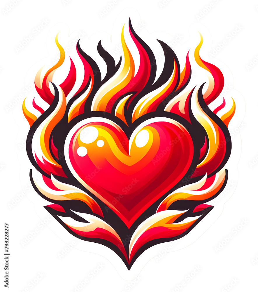 Heart Aflame: A Stylized, Glossy Red Heart with Sweeping Yellow and Orange Flames Heart Aflame: A Stylized, Glossy Red Heart with Sweeping Yellow and Orange Flames