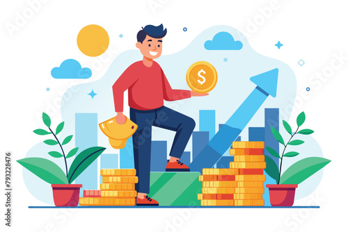 A man seated on a stack of coins, representing financial success and investment, Men invest and earn profits, Simple and minimalist flat Vector Illustration