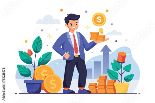 A man stands next to a large pile of money, symbolizing financial success and wealth accumulation, Men invest and earn profits, Simple and minimalist flat Vector Illustration
