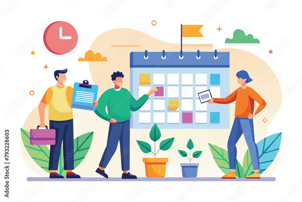 A group of individuals gathered around a calendar, possibly discussing schedules or upcoming events, men organize work schedules, Simple and minimalist flat Vector Illustration