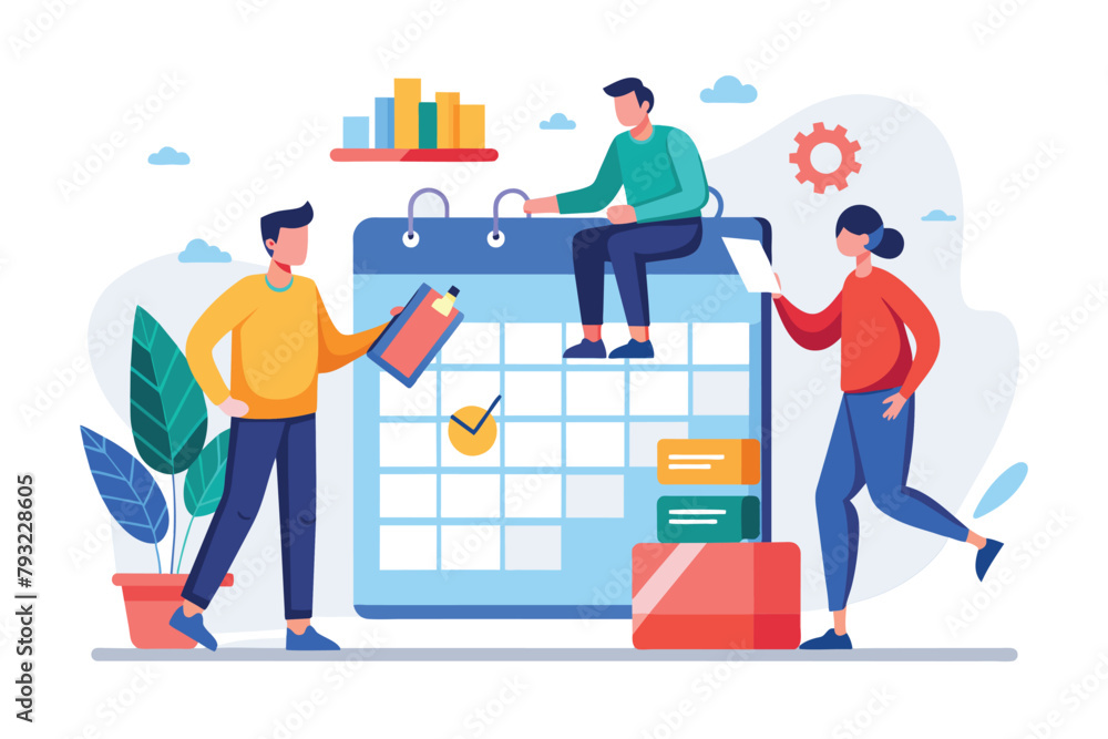 Group of people gathered around a calendar, discussing schedules and plans in an office setting, men organize work schedules, Simple and minimalist flat Vector Illustration Group of people gathered around a calendar, discussing schedules and plans in an office setting, men organize work schedules, Simple and minimalist flat Vector Illustration