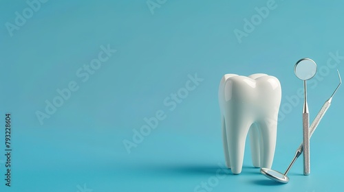 Dentistry concept. Model of a tooth and dental instruments on a colored background with space for text.