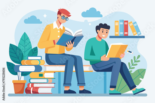 Two individuals sitting on a bench, engrossed in reading books, men prepare for exams by reading books, Simple and minimalist flat Vector Illustration