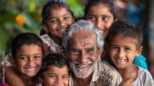 This photo captures the unity of generations, featuring both grandparents and grandchildren, to symbolize the essence of family planning on World Population Day