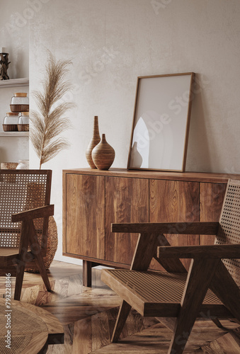 Mockup frame in minimalist nomadic interior background, 3d render