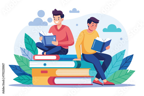 Two men sitting on a stack of books, preparing for exams by studying, men prepare for exams by reading books, Simple and minimalist flat Vector Illustration