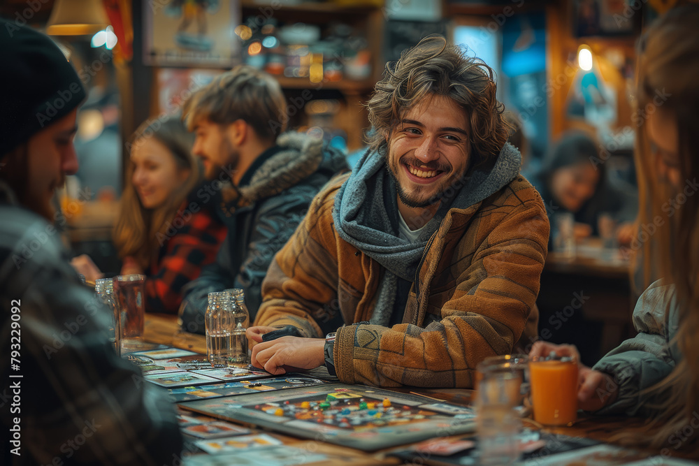 A group of friends gathering for a game night, laughing and competing over board games and card challenges. Concept of social bonding and recreational entertainment. Generative Ai.