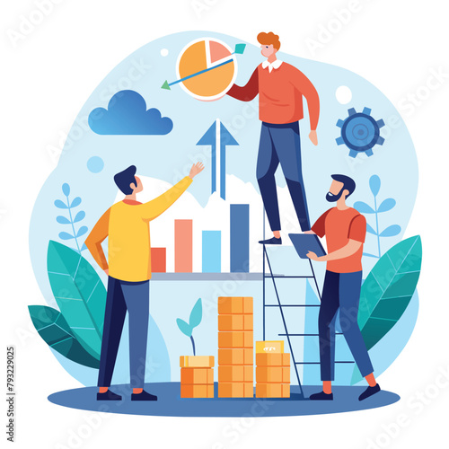 Several individuals standing on a stack of coins, men prepare growth data analysis, Simple and minimalist flat Vector Illustration