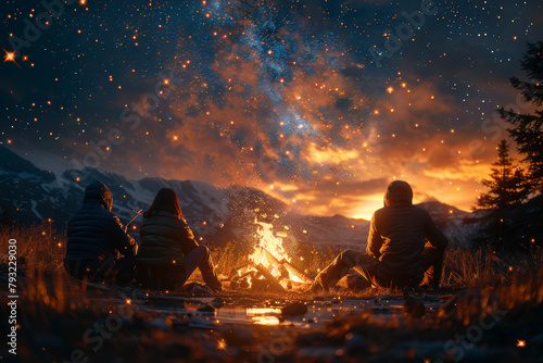 Grandparents, parents, and grandchildren gathering around a cozy campfire at night, roasting marshmallows and sharing stories under the starry sky. Generative Ai.