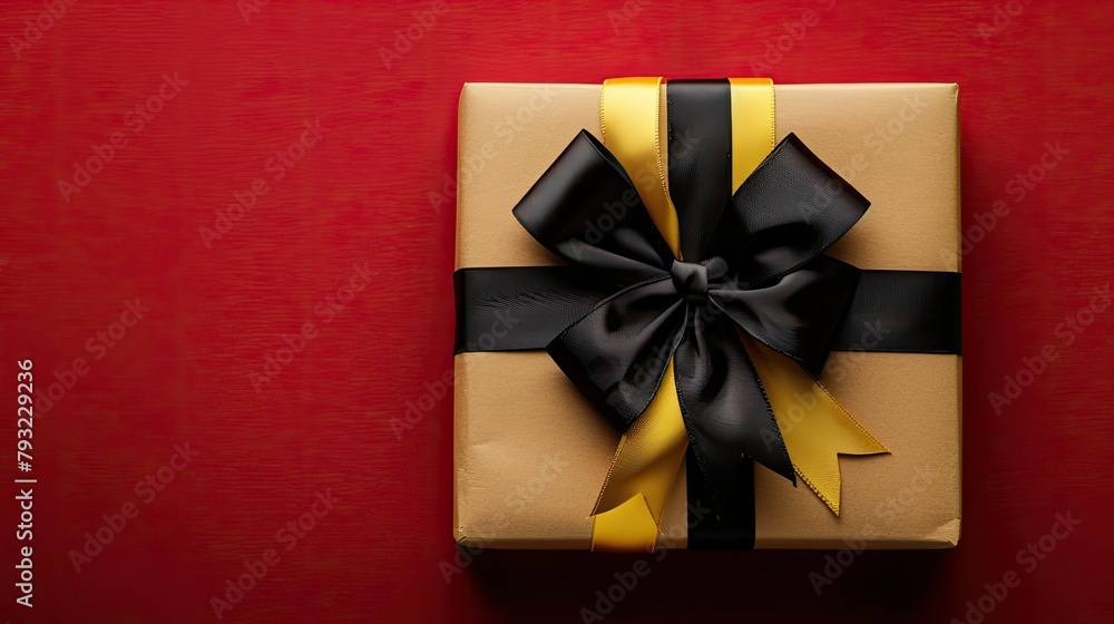 A stunning Kraft paper gift box adorned with a vibrant yellow and black ribbon bow pops against a vivid red backdrop creating the perfect space for capturing special moments Ideal for gifti A stunning Kraft paper gift box adorned with a vibrant yellow and black ribbon bow pops against a vivid red backdrop creating the perfect space for capturing special moments Ideal for gifti