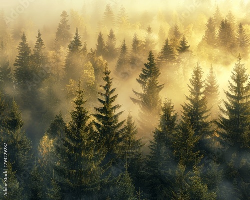 Panoramic view of misty coniferous forest on a bright, sunny day © Mikki Orso