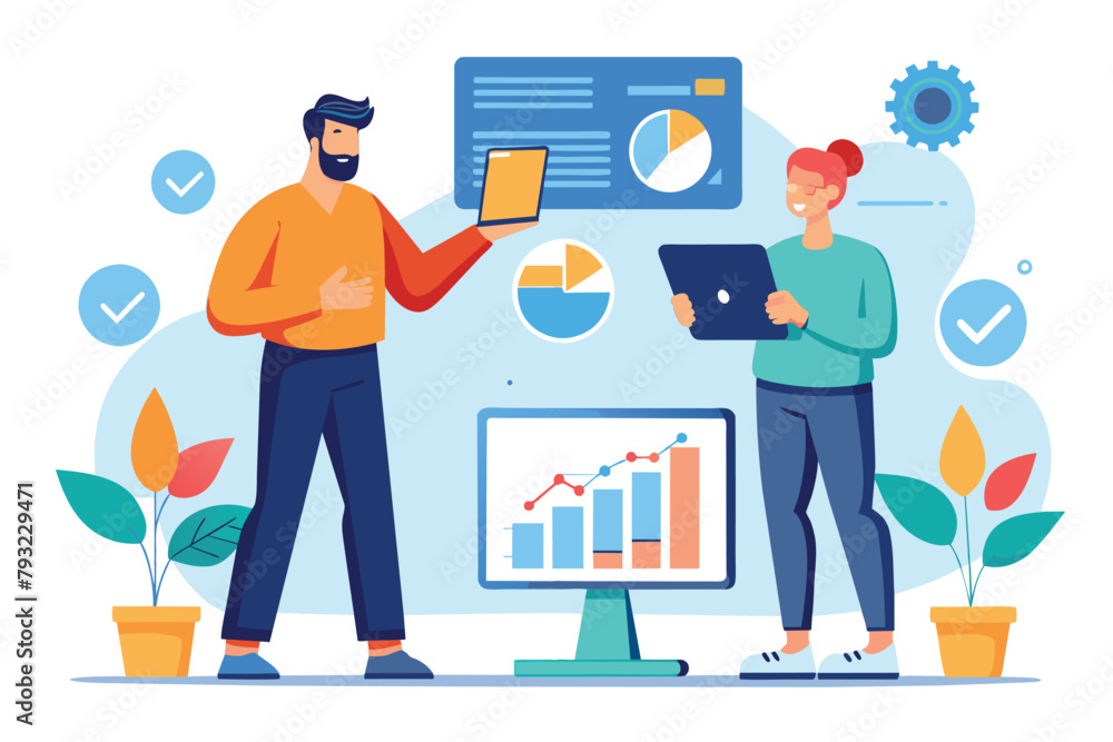 Fototapeta premium Two men analyzing growth data on tablets in front of a computer screen, men present on analyzing growth data on tablets, Simple and minimalist flat Vector Illustration