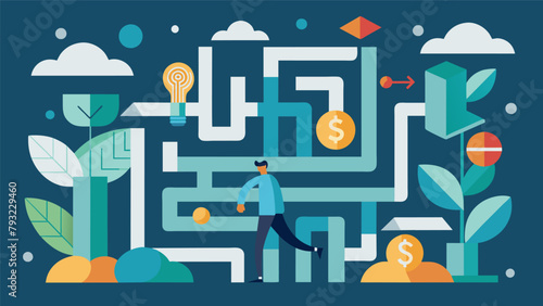 A maze with various financial terms and concepts as obstacles and a person navigating through and successfully reaching the end.