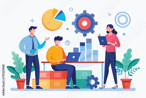 Diverse group of individuals standing around a table, discussing business strategy using a laptop, men set business strategy, Simple and minimalist flat Vector Illustration