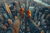 A man's feet in leather shoes dangle from an airplane above New York City, offering a bird's-eye view of skyscrapers and the urban landscape.