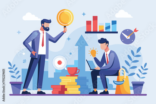 Two men sitting on books, one examining with a magnifying glass, men set business strategy, Simple and minimalist flat Vector Illustration