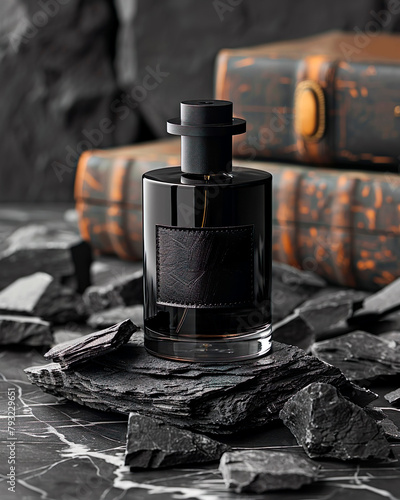 Foto de cosmético: Um frasco de vidro preto de perfume sobre pedras escuras. photo